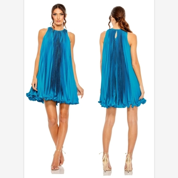 NWT Mac Duggal Ocean Blue Trumpet Pleated Mini Dress 49636 Sz 12 - Picture 1 of 6